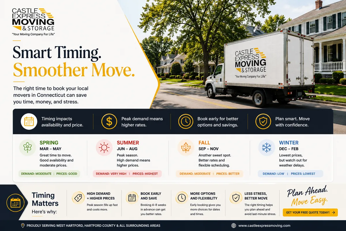 Castle Express infographic showing how moving demand and prices shift by season: spring moderate, summer highest, fall better, winter lowest